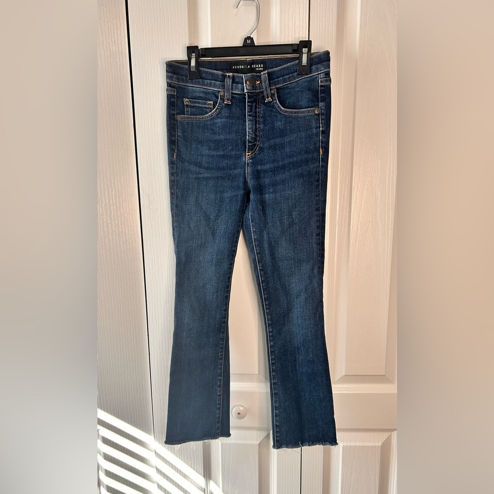 Veronica Beard Women’s Blue Carolyn Baby Boot 10” Crop Raw Hem Jeans Size 25
